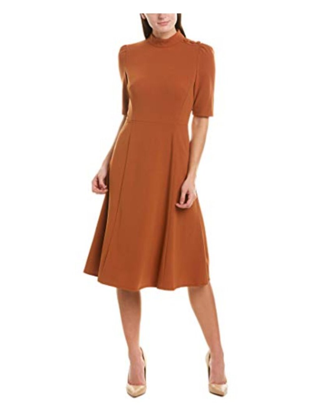 Stretch Crepe Midi Dress Military Shoulder Detail Puff Sleeve Mock Neck